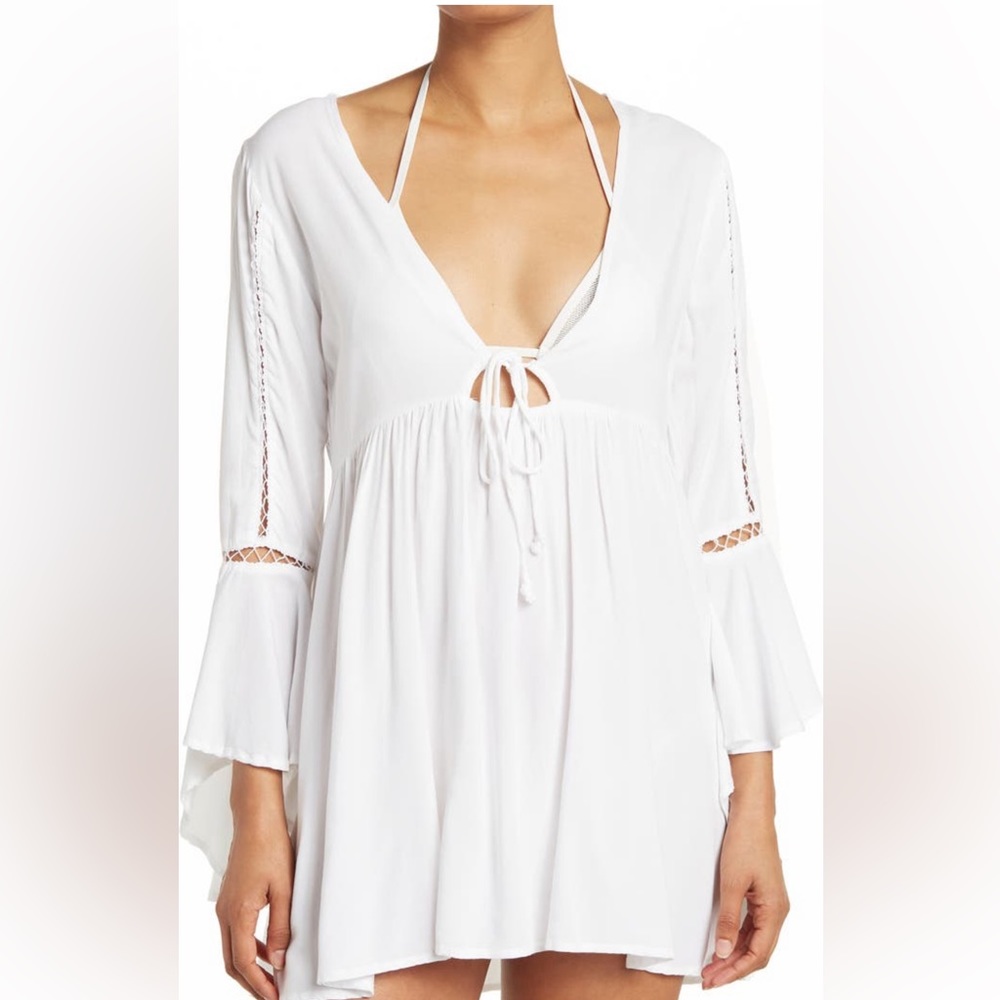 NWT BohoMe Bohemian Lace Inset Tunic Dress Cover Up White